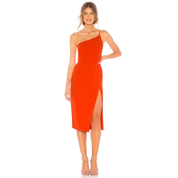LOVERS + FRIENDS Lazo Blood Orange Midi Dress Leg Slit Asymmetrical Strap US L - Picture 1 of 11